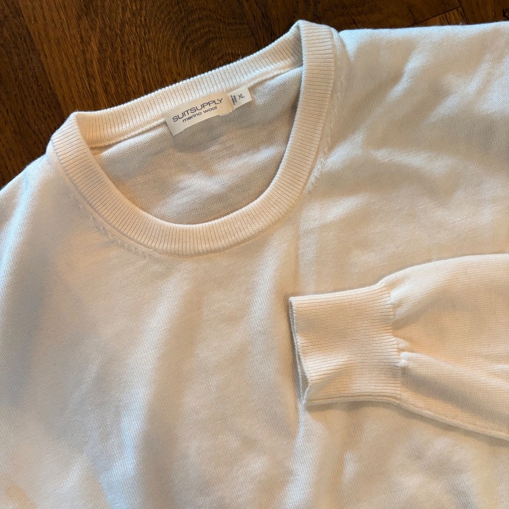 Modern Authentic Mens Suit Supply Merino Wool Cream Lightweight Crewneck Sweater